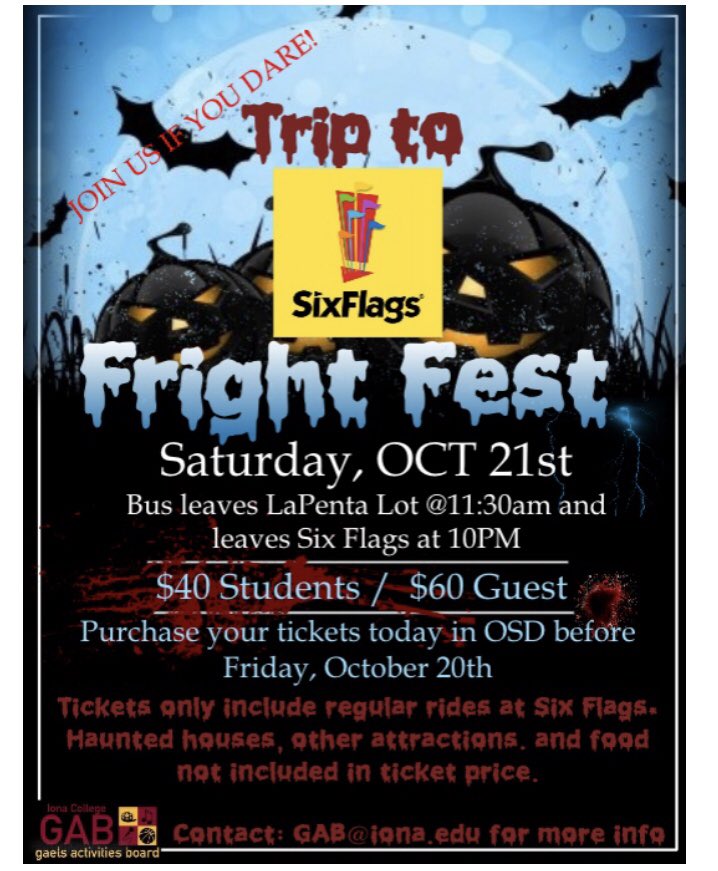 GaelsActivities's tweet photo. Get your tickets at OSD this Monday and travel to Six flags, Saturday October 21st. Last day for tickets is this Friday, October 20th. 🎃 🦇 https://t.co/DvvReW9A0l