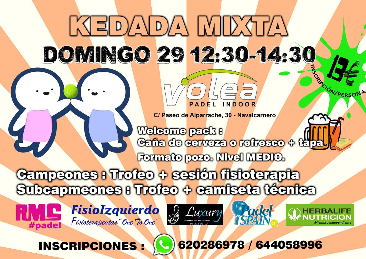 RankingMadrid's tweet photo. ¡Nueva kedada Mixta!
Domingo 29 12:30-14:30 en Volea Padel indoor
Premio para campeones y subcampeones
Inscripciones : 620286978 (#whatsapp) https://t.co/eqP8tWKAXp