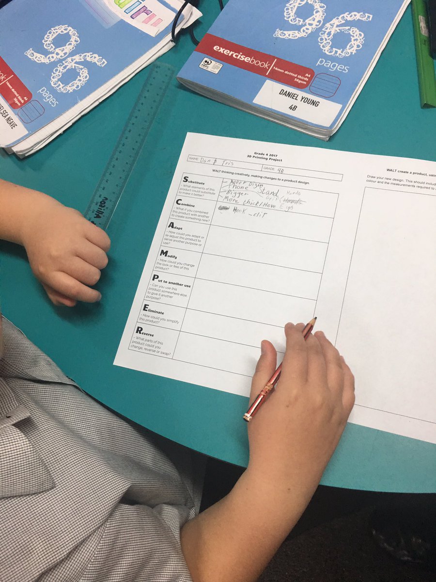 Makerspace_SPA's tweet photo. Today our Gr 4s have begun completing a #SCAMPER thinking outside the box to design products using our 3D printer. https://t.co/x3m9sApbPK
