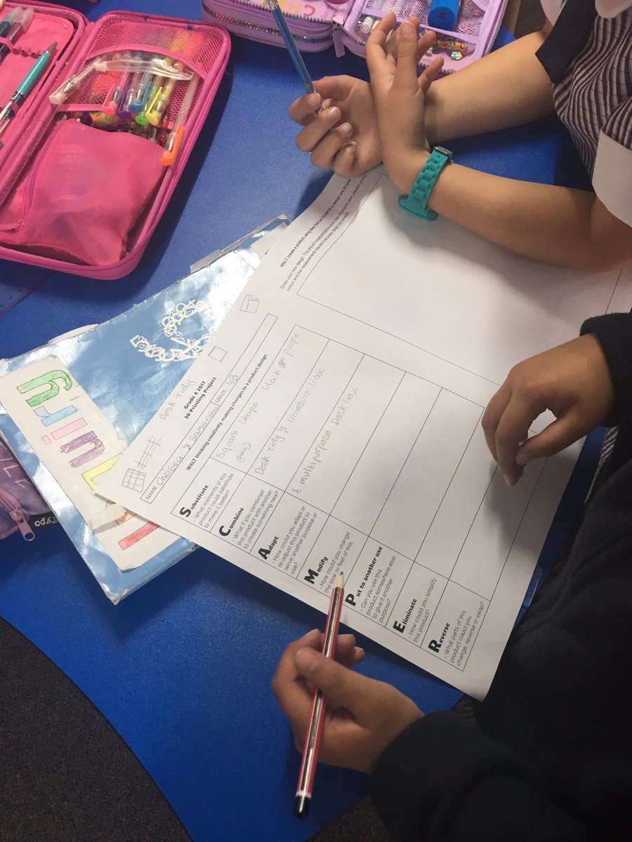 Makerspace_SPA's tweet photo. Today our Gr 4s have begun completing a #SCAMPER thinking outside the box to design products using our 3D printer. https://t.co/x3m9sApbPK