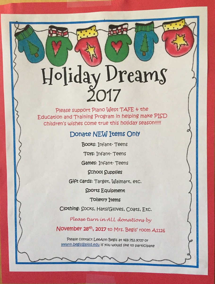 PlanoWestTAFE's tweet photo. Holiday Dreams 2017 has begun!!! Please help with donations!!!!! https://t.co/EN9Vtami2B
