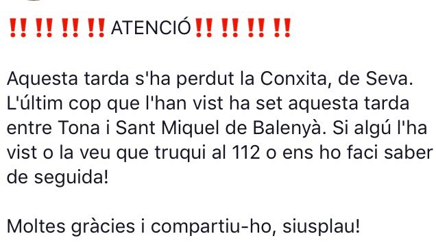 GilVilarrasaMas's tweet photo. ‼️Conxita. Perduda aquesta tarda. Vista per últim cop entre #Tona i @smbalenya. Si algú l'ha vist o la veu, que tuqui al #112! #Seva #Osona https://t.co/wnlJnUdw9A