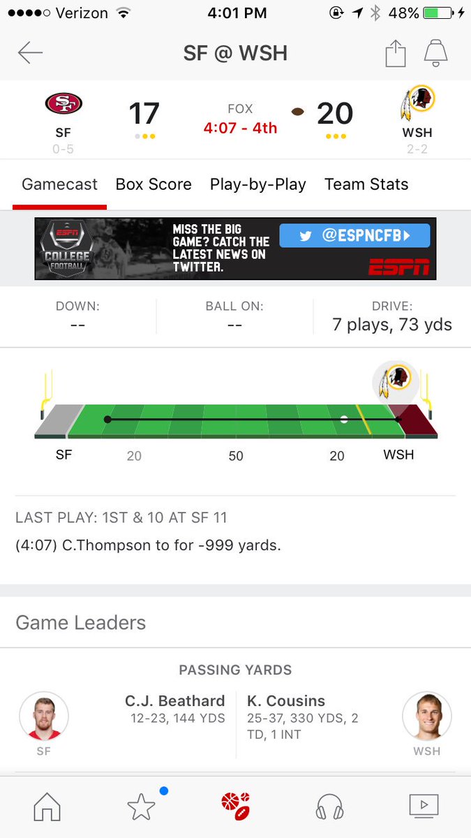 TyLiesch's tweet photo. Chris Thompson apparently just ran 999 yards backwards and out of the stadium. I have truly seen it all, man. @Faux_Gruden https://t.co/unZuatSnCq