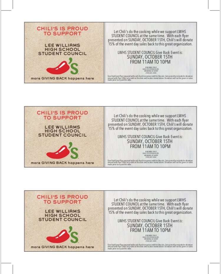 LeeWilliamsHS's tweet photo. DON’T FORGET CHILI’S GIVE BACK TONIGHT!!! Help out LWHS student council. Show them this picture when you go!! https://t.co/cxrcfOCr1O