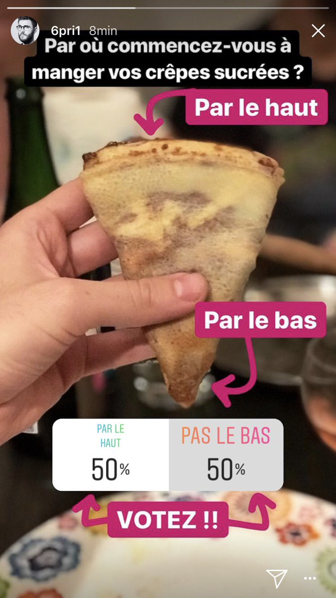 Olivemo's tweet photo. Dans le genre tweet inutile ! On a un débat avec @MonsieurDream sur la façon de manger une crêpe !! Perso je suis dans la team #ParLeBas ! => Vote sur le compte insta 6pri1 😅 https://t.co/cCMntQJ8zn