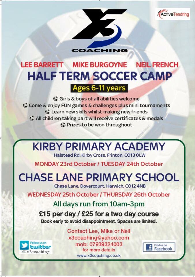 x3Coaching's tweet photo. Still time to book a place for your child on Oct #halfterm soccer camps. One or two day courses available #Football https://t.co/pgkpG4Qq1O https://t.co/Vc9oYdrqfy