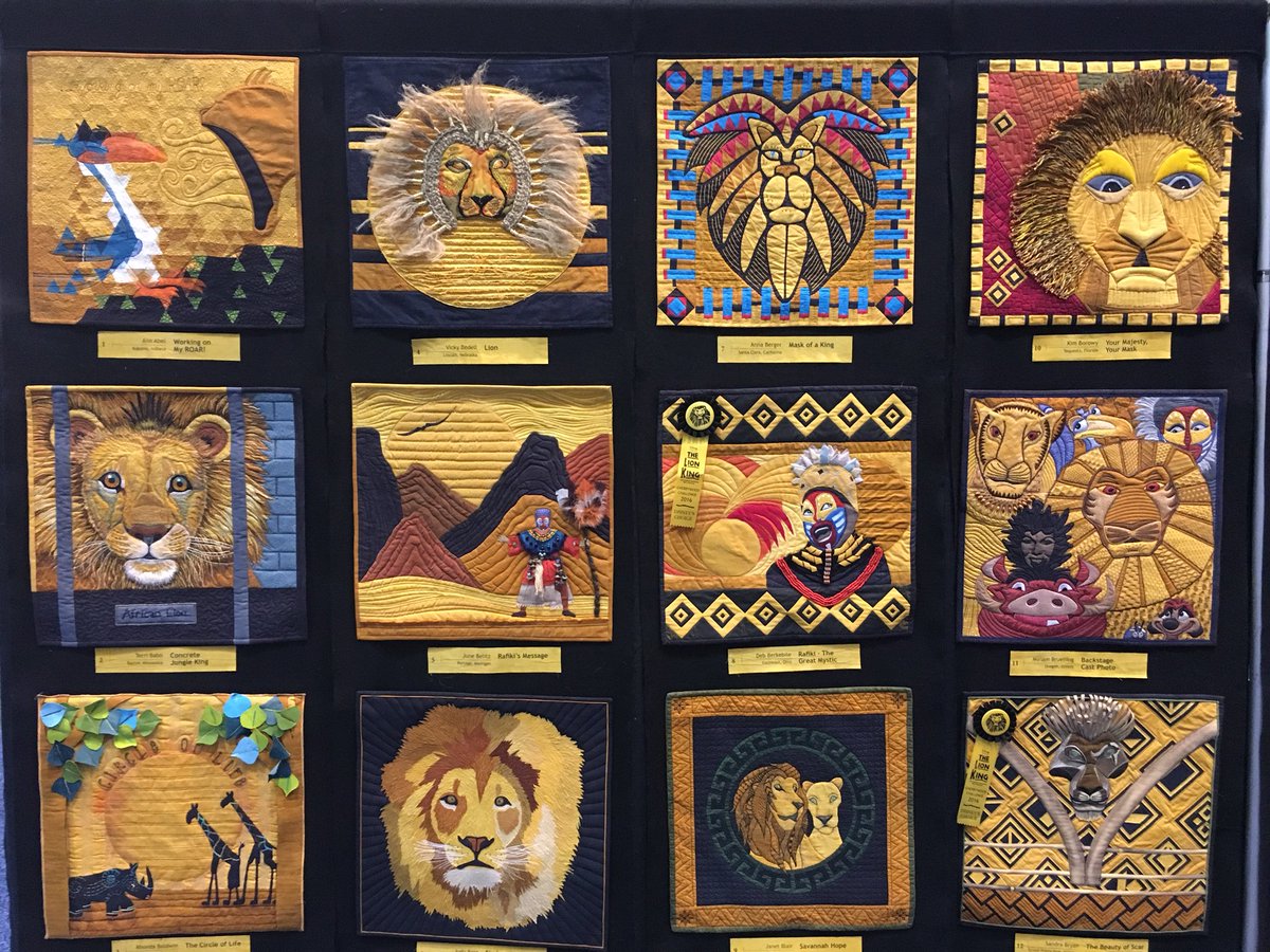 MousetalgiaBeck's tweet photo. Just a few of the Lion King challenge quilts at #piqf https://t.co/fpRkD3TqIR