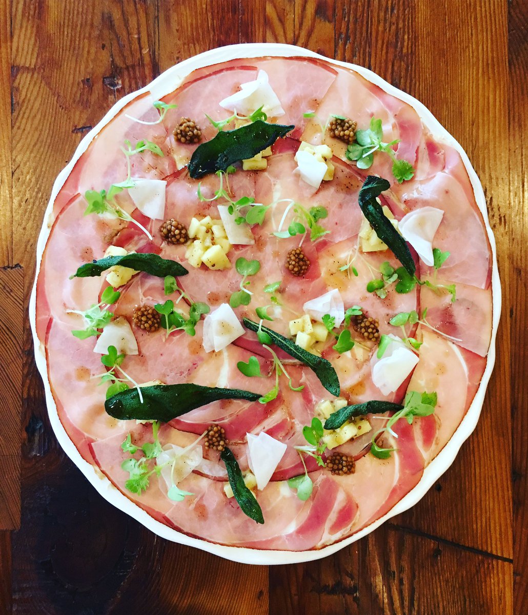 Smoked Berkshire Ham Carpaccio, apple mostarda, pickled mustard seeds, crispy sage, shaved turnip, espresso caramel