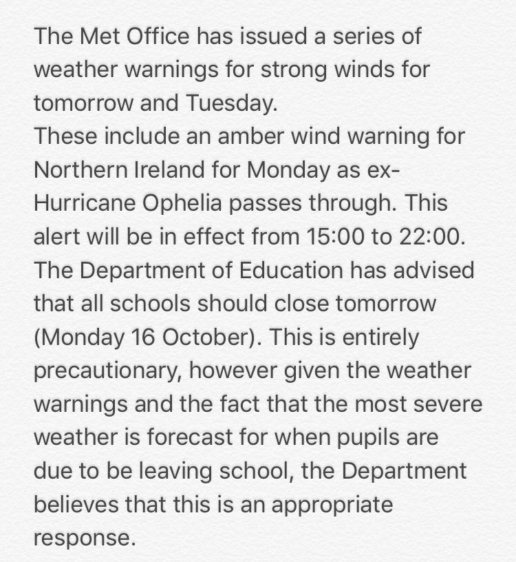 AmandaFBelfast's tweet photo. Ok, here we go. Official statement for NI is in! Weather warnings – school closures and public safety information #Ophelia https://t.co/VK95csQYfm