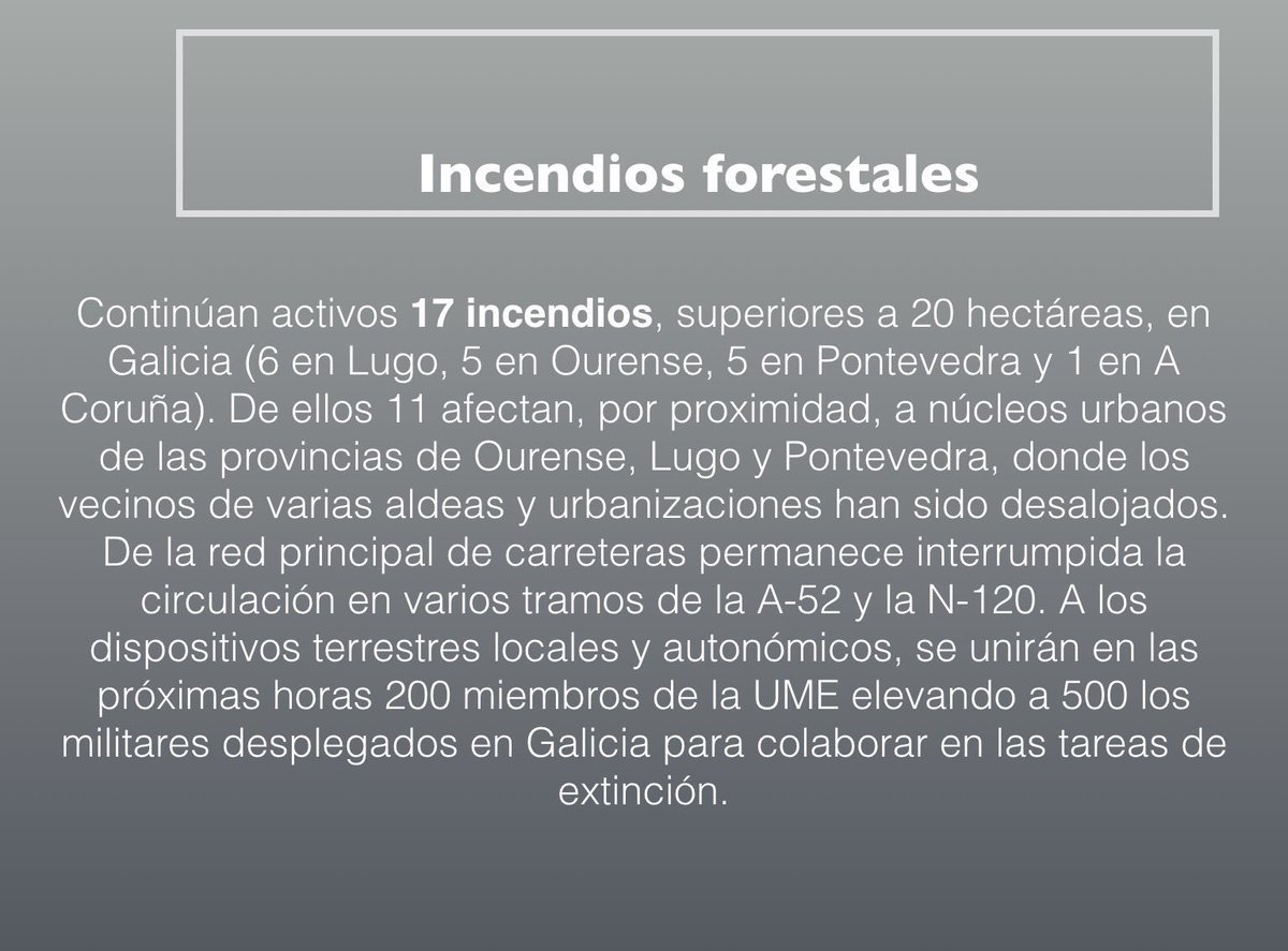 policia's tweet photo. 🚩Existen carreteras cortadas y mañana lunes estarán cerrados varios centros educativos. Consulta:
@Xunta @incendios085
#ArdeGalicia #IIFF https://t.co/h0Qz6NpWvW