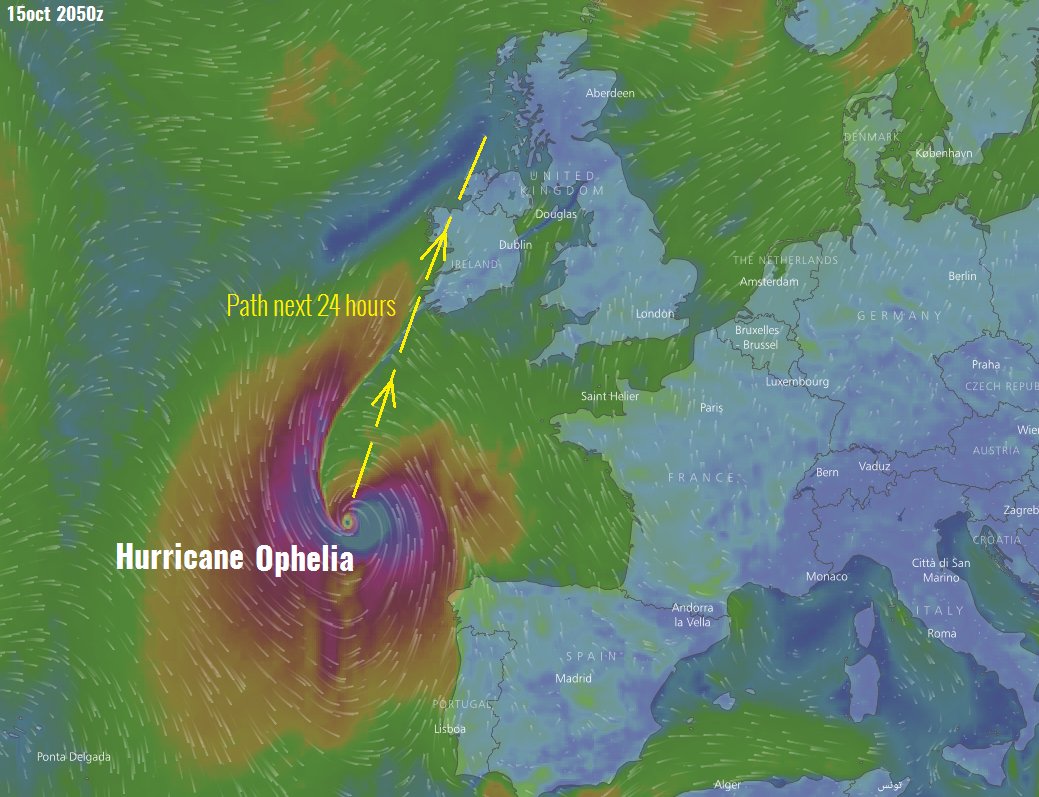 severeweatherEU's tweet photo. #Ophelia rapidly approaching Ireland. Landfall with damaging winds is expected tomorrow. Gusts likely well above 150 km/h in SSW Ireland. https://t.co/8KdbVLKuZc