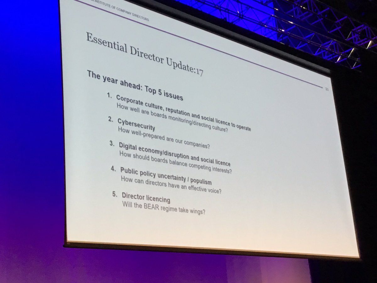 JPMasters's tweet photo. @AICDirectors #directorsupdate key issues, culture & social licence, cyber, disruption, populism & director licencing -good list to consider https://t.co/VAsJQM9CBv