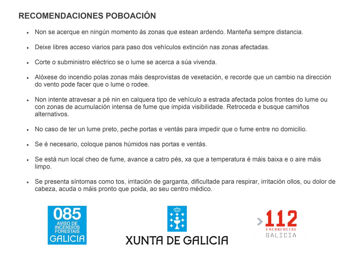 ConsPresidencia's tweet photo. Nestes momentos: máxima prevención e precaución. 
Consellos e recomendacións a seguir no caso que teñas lumes cerca.
#seveslume085 https://t.co/TuHZVyQbgl