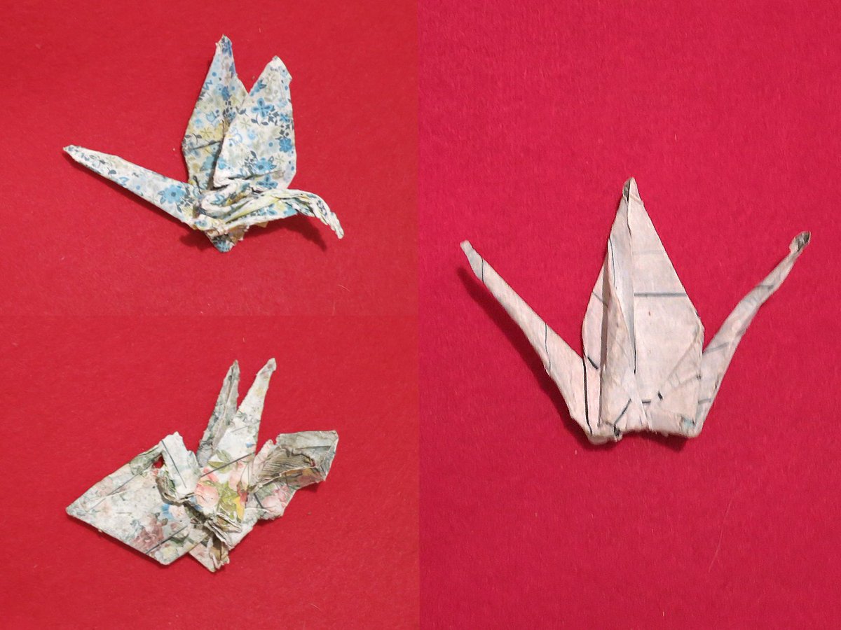 Three origami swans ... found on a nearby sidewalk ... soaked by recent rains &amp; it took a second glance to see their 'flight patterns'!