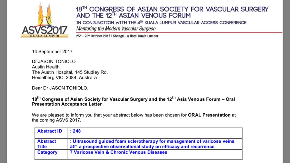 ozvascdoc's tweet photo. Looking forward to attending #ASVS17 in Kuala Lumpur with our @Austin_Health #VascularResearch team. See you there @DrAndrewChoong! https://t.co/oDR9q8hst4
