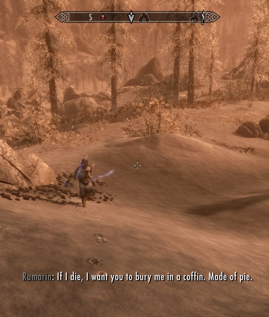 TESfangirrl's tweet photo. As we parted ways with him, Rumarin took off running down the slope after a wolf... with this "war cry" haha. This guy lol. #3DNPC #SKYRIMSE https://t.co/opSpxVncSG