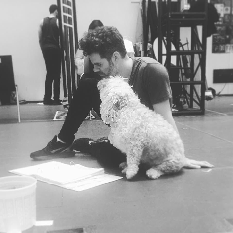 HoodMusical's tweet photo. A rehearsal shot of the #Hood pup Lucky and Jacob Ben Widmar (#WillScarlett) running lines! #HoodMusical #MerryBe https://t.co/7TORIl0AqX