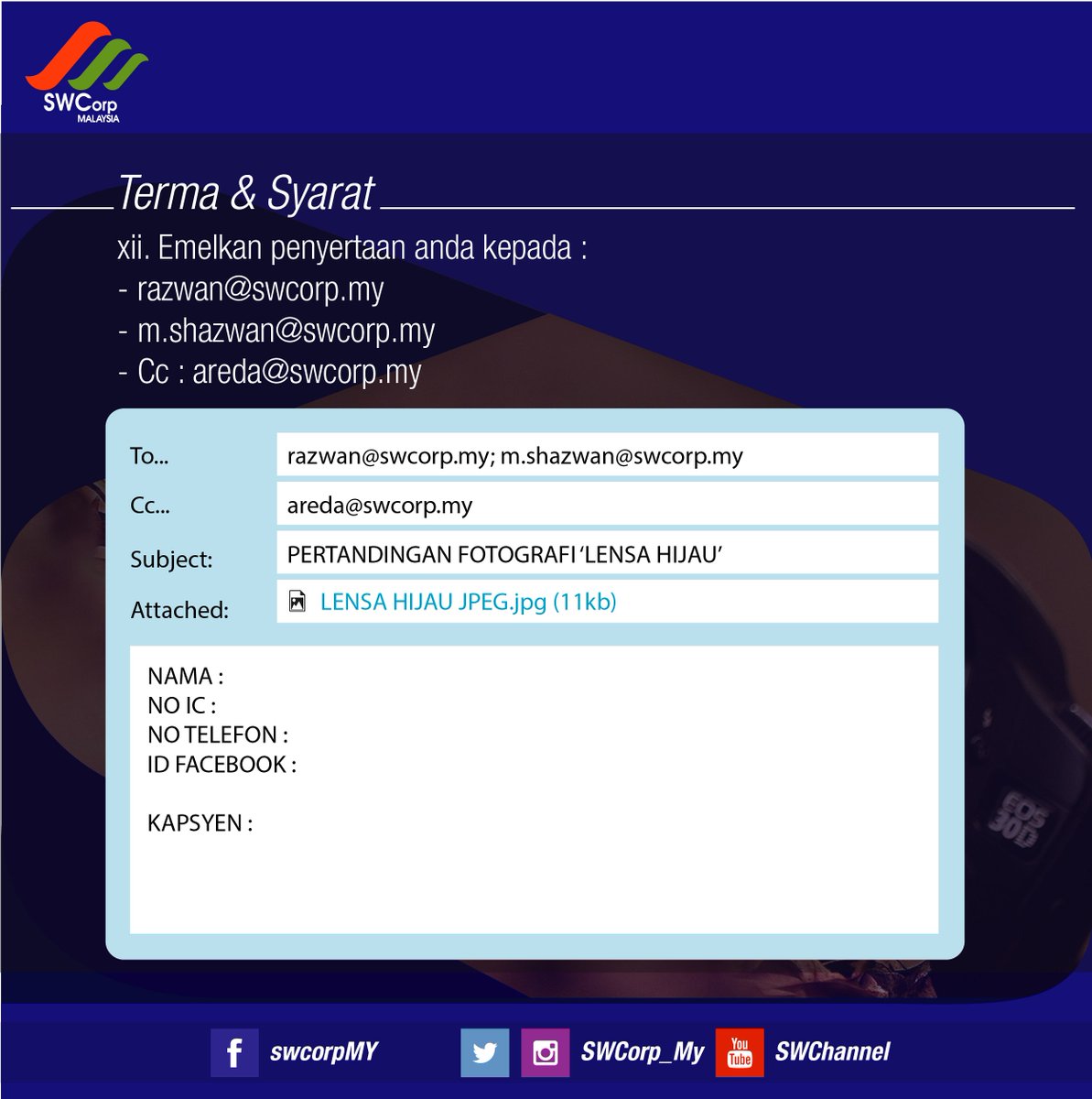 swcorp_my's tweet photo. Minggu terakhir Pertandingan Lensa Hijau.
Tarikh tutup : 21 Oktober 2017
Jom hantar penyertaan!

#lensahijau
#pertandinganfotgrafi https://t.co/CGiwoD2k5I
