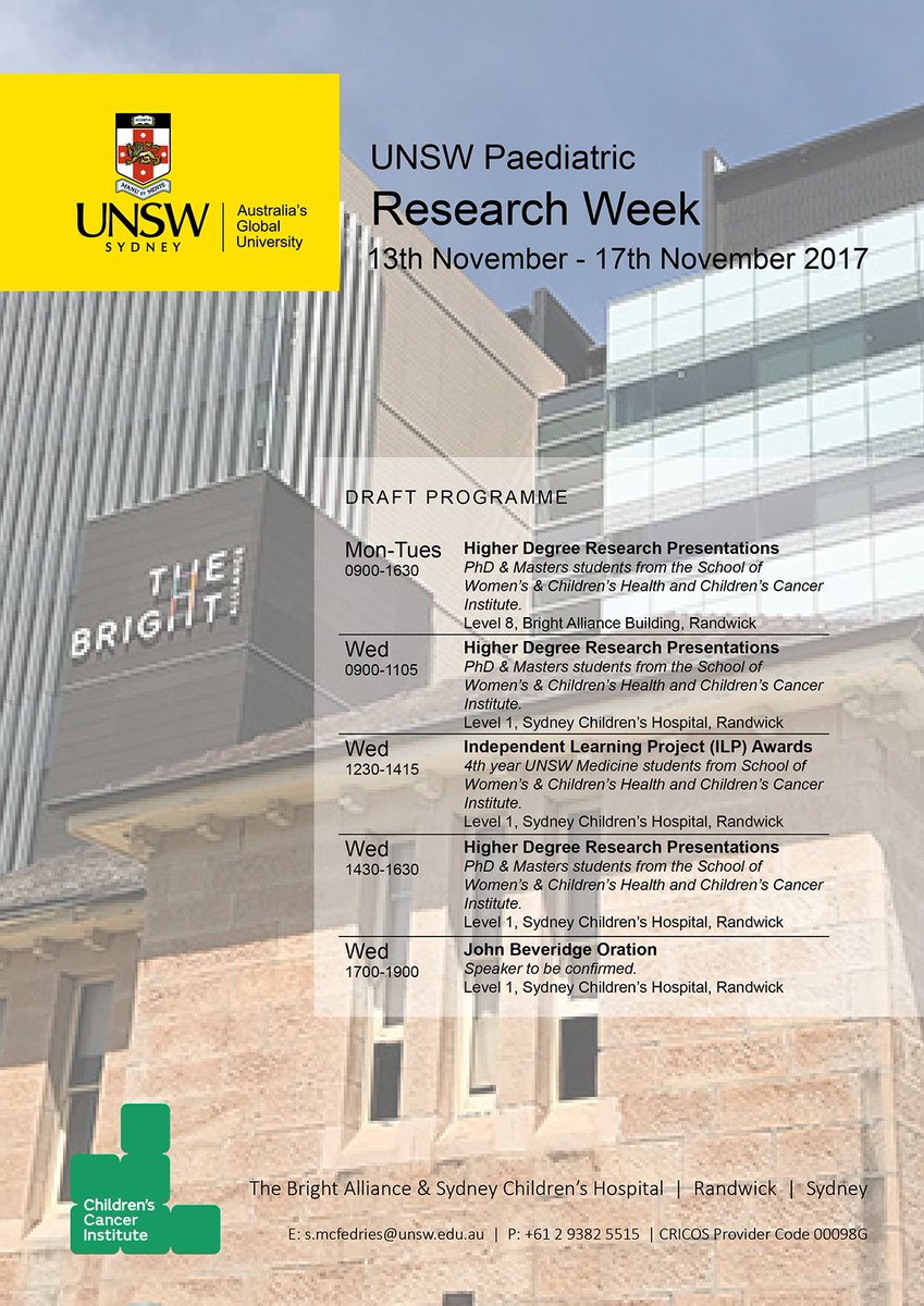 Join us for <a href="/UNSW/">UNSW</a> #Paediatric #ResearchWeek in Nov 2017!    goo.gl/5M122U <a href="/KidsCancerInst/">Childrens Cancer Institute</a> @Sydney_Kids <a href="/SEastSydHealth/">SESLHD</a>
