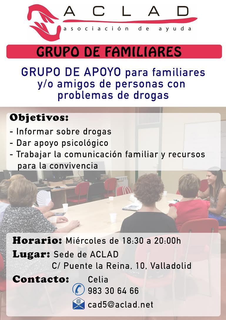 aclad_ong's tweet photo. 🔜 Comienza el ‘Grupo de Apoyo para Familiares’, en la sede de Aclad de #Valladolid.
🗓️ Miércoles 18.
⌚18:30 horas.
#GrupoDePadres, #Aclad https://t.co/U8uTYuaulG