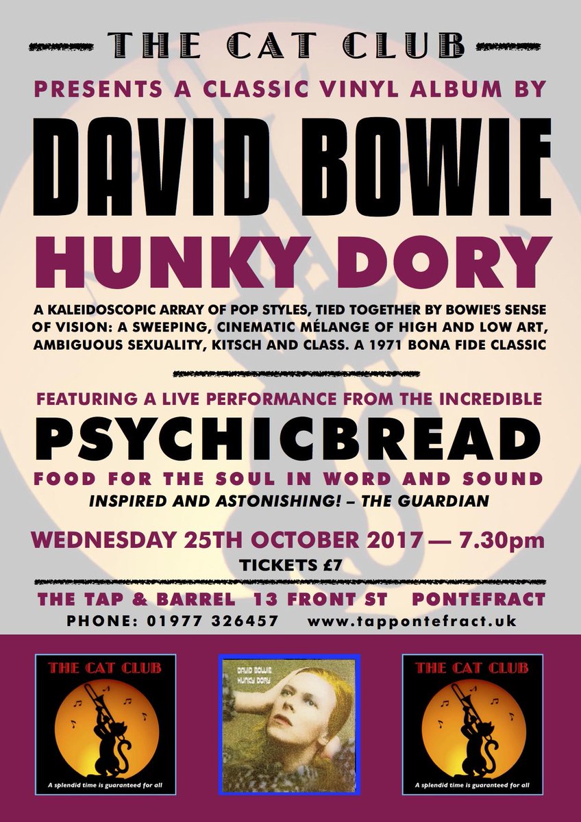 psychicbread's tweet photo. Our show is next week!Time flies.@PontefractTap @thecatclubbers @TheIanDaley 
Tickets: https://t.co/lRZ3dHjaLX 
#psychicbread #poetry #bowie https://t.co/KoQpGRqCzm