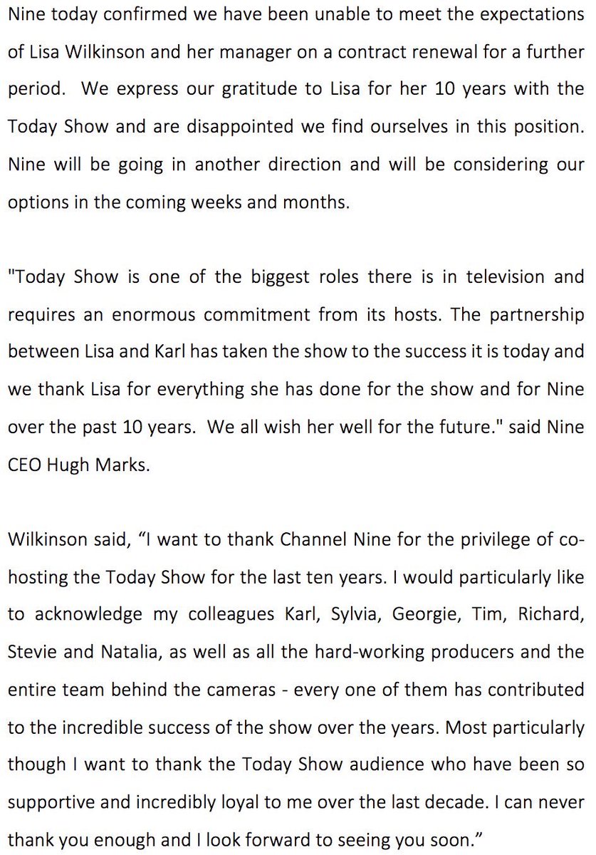 Lisa_Wilkinson's tweet photo. I have some news. I'm sad to say that today was my last day on @the today show. The following statement is from Channel Nine... https://t.co/B3IVDAfkSm