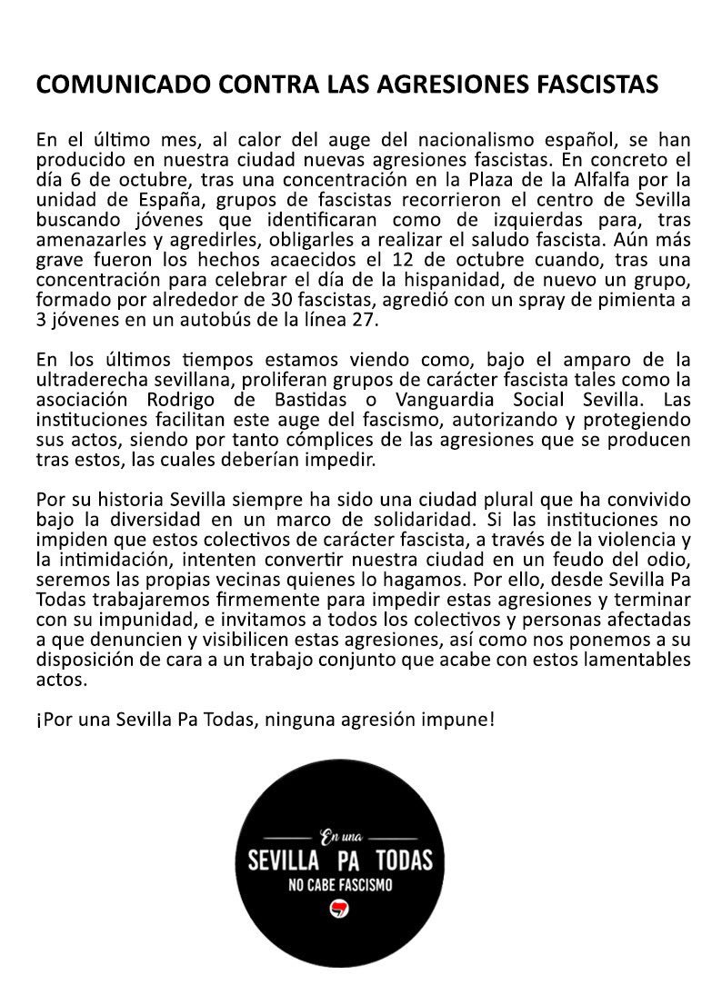 SVQPATODAS's tweet photo. Comunicado contra las agresiones fascistas.

¡Por una Sevilla Pa Todas , ninguna agresión impune! https://t.co/H7ye3yxyLD
