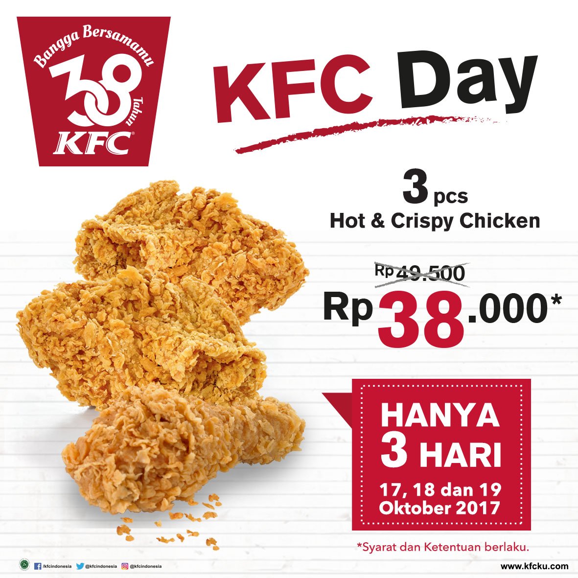 KFCINDONESIA's tweet photo. KFC Lovers, dapatkan  3pcs Hot &amp; Crispy Chicken!! Hanya dengan Rp. 38.000,- (sudah termasuk pajak)
S&amp;K klik link : https://t.co/wxLTBI1EN5 https://t.co/jzmZAB57LU