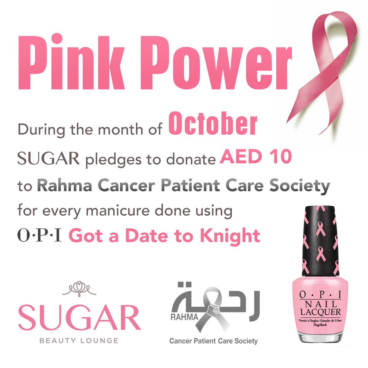 For the whole month of #October <a href="/SugarBeautyUAE/">Sugar Beauty Lounge</a> supports #BreastCancerAwareness🎗<a href="/rahmaCPCS/">Rahma Cancer Care جمعية رعاية مرضى السرطان - رحمة</a> <a href="/OPI_PRODUCTS/">OPI</a> 💕#PinkOctober #Dubai #AbuDhabi #UAE