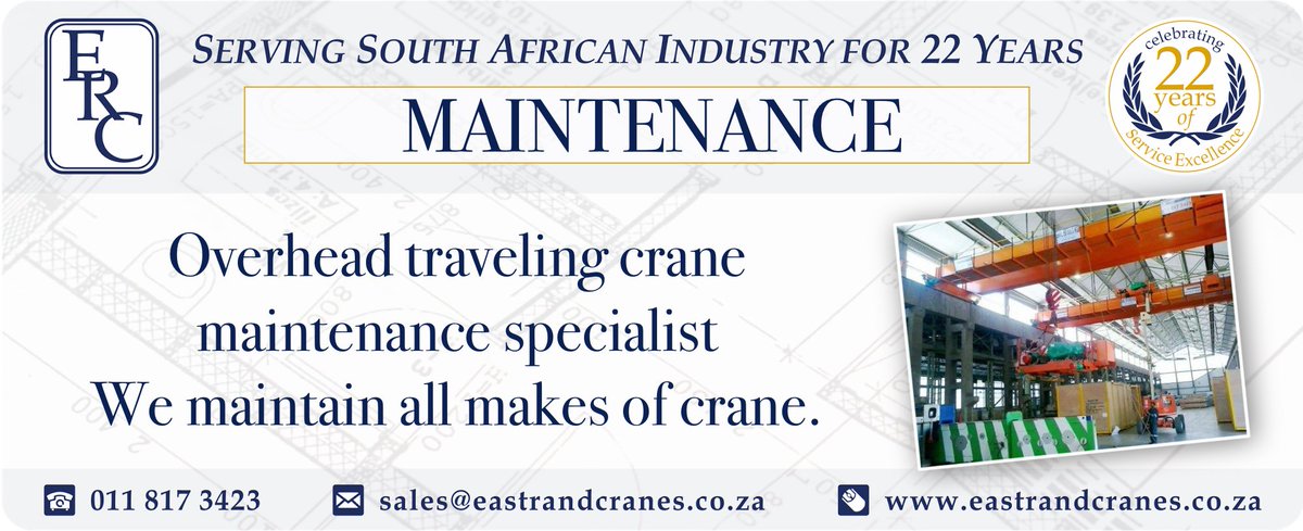 EastRandCranes's tweet photo. Overhead traveling crane maintenance specialist.
#EastRandCranes #Cranes #Hoists #CraneMaintenance #cirobertson https://t.co/fgfxRYIuQx