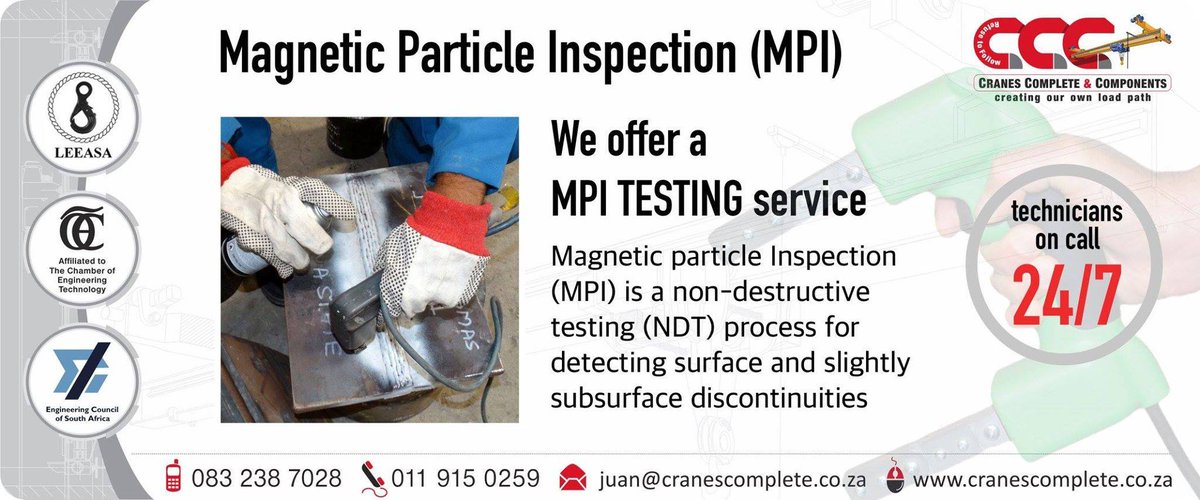 CranesComplete's tweet photo. We offer a Magnetic Particle Inspection (MPI) service
#cranescomplete #ccc #hoist #LMI #cranes #MPItesting #cirobertson #safecranes https://t.co/T7UsjHOpbG