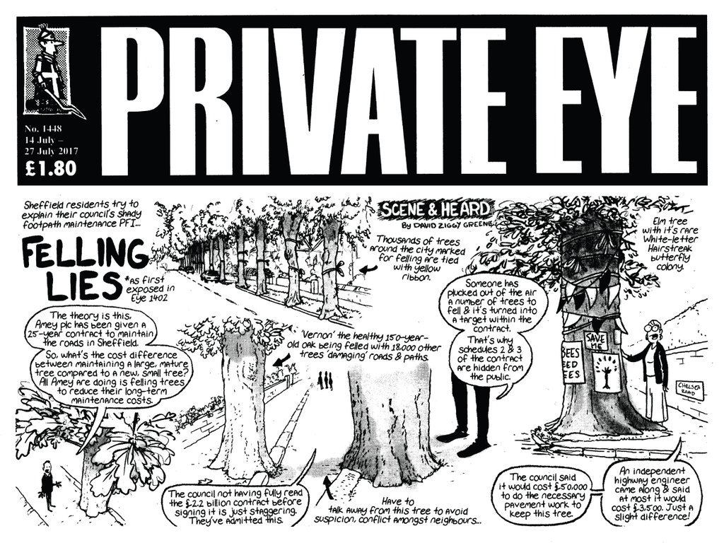 TheSadSquirrel's tweet photo. PRIVATE EYE "Vernon the healthy 150 year old oak being felled with 18,000 other trees 'damaging' roads &amp; paths." #Sheffield #SaveSheffTrees https://t.co/6ucppyPgHA