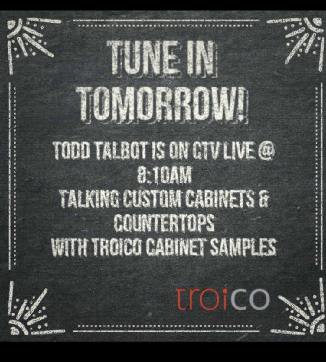 TroicoGroup's tweet photo. Tune in tomorrow morning @ 8:10am to see @toddtalbot talking cabinets + counters with our cabinet samples! #yvr #ctvlivemorningshow #troico https://t.co/7FBu7jTvCW