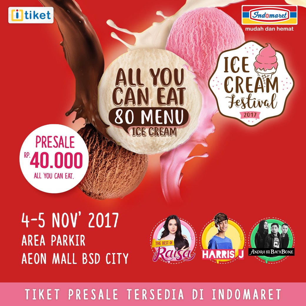 Indomaret's tweet photo. Kunjungi acara “Ice Cream Festival" 4-5 November 2017 AEON Mall BSD City. #iTiket bisa dibeli di toko Indomaret terdekat. https://t.co/dESSvCmdF4