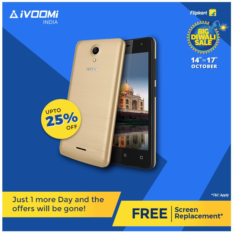 iVOOMiEnergy's tweet photo. .@Flipkart's #BigDiwaliSale! Get up to 25% off on all #iVOOMi #smartphones and free screen replacement up to 180 days on #ME3 and #ME3s. https://t.co/IIp71xTy0g