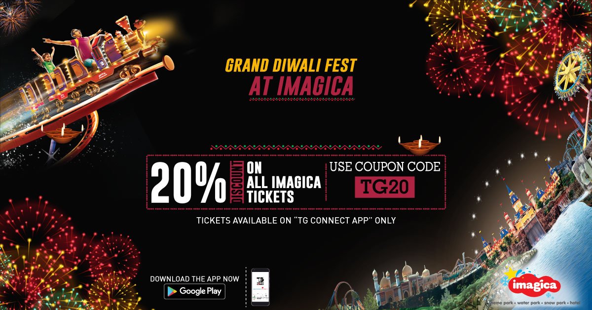 tg_connect's tweet photo. Get 20% off on all #Imagica Tickets through TG Connect App Only. Use Code "TG20". #ImagicaWaliDiwali App Link - https://t.co/LdmXqqJQV0 https://t.co/YtVCifYxw6