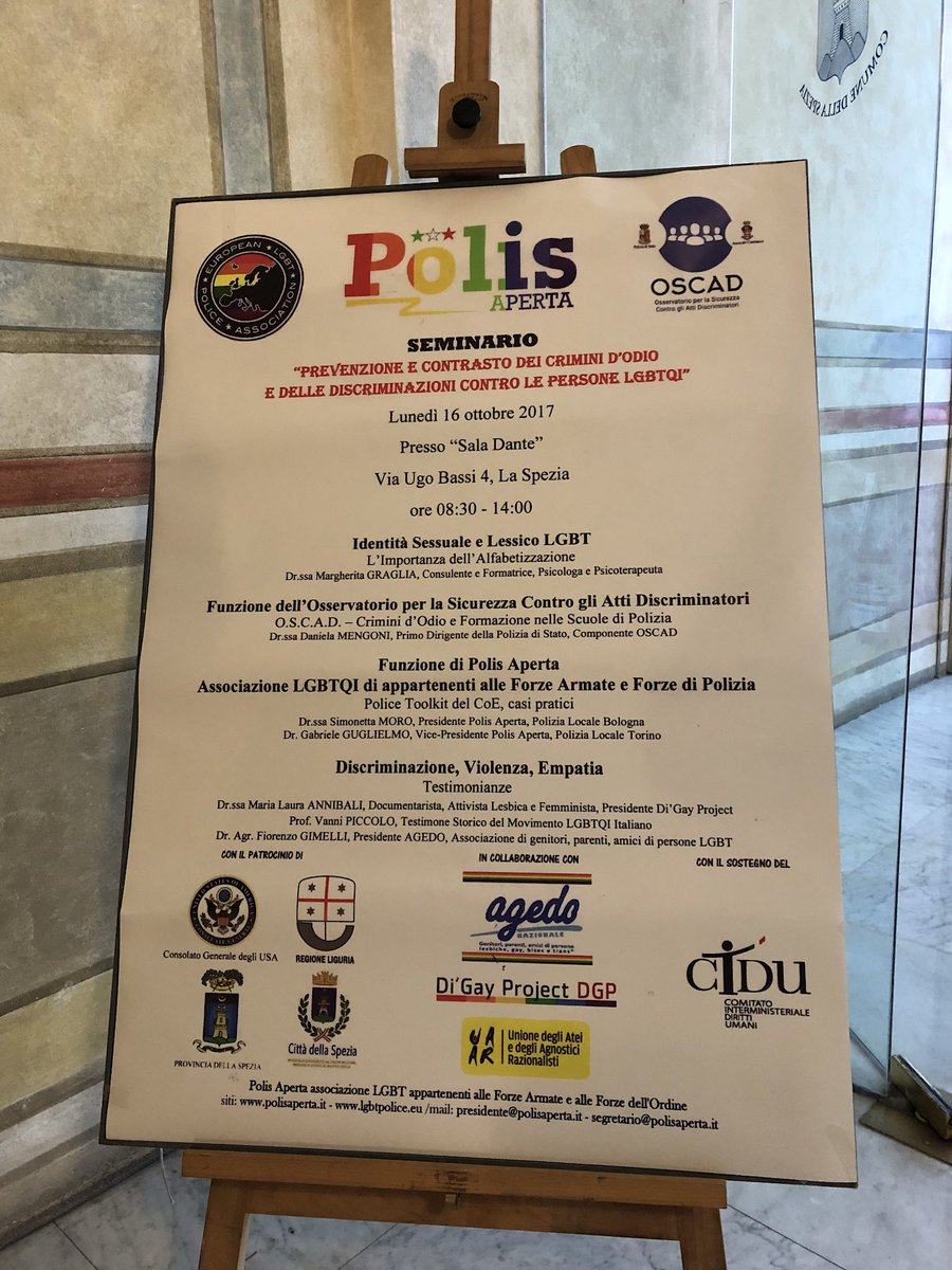 POLISAPERTA's tweet photo. Al via #seminario forze di #polizia contro #crimini #odio #LGBT  #laspezia @ilsecoloxix @laspeziaoggitw @gayburg @gaypostit @LiguriaOnLine https://t.co/V5u8tEFm7W