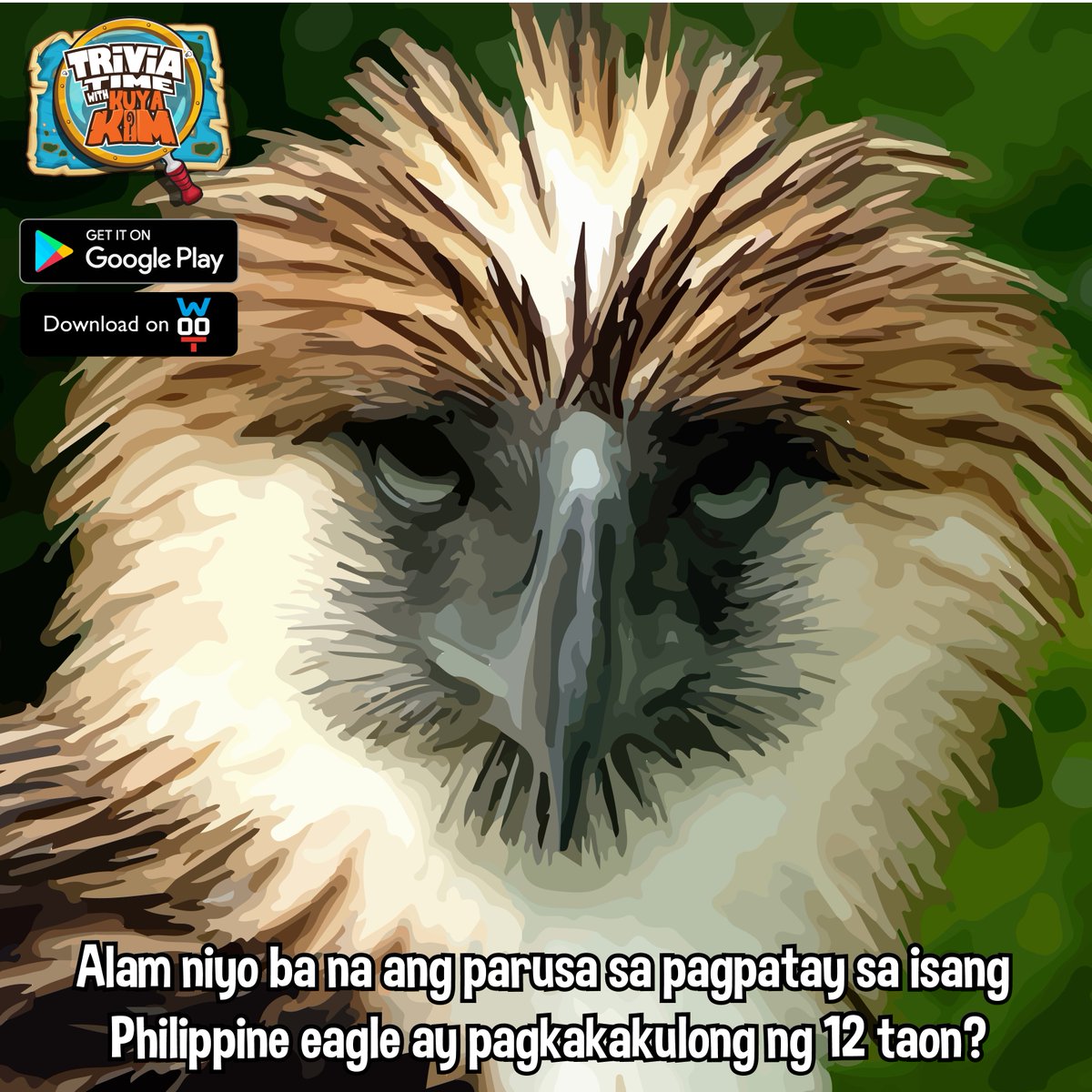 XelebKuyaKim's tweet photo. Kilalanin ang Philippine Eagle kasama si @kuyakim_atienza!

Download #TriviaTimewithKuyaKim now!
 @w00tph: https://t.co/7udv5hirP3 https://t.co/5UwswyU5B6