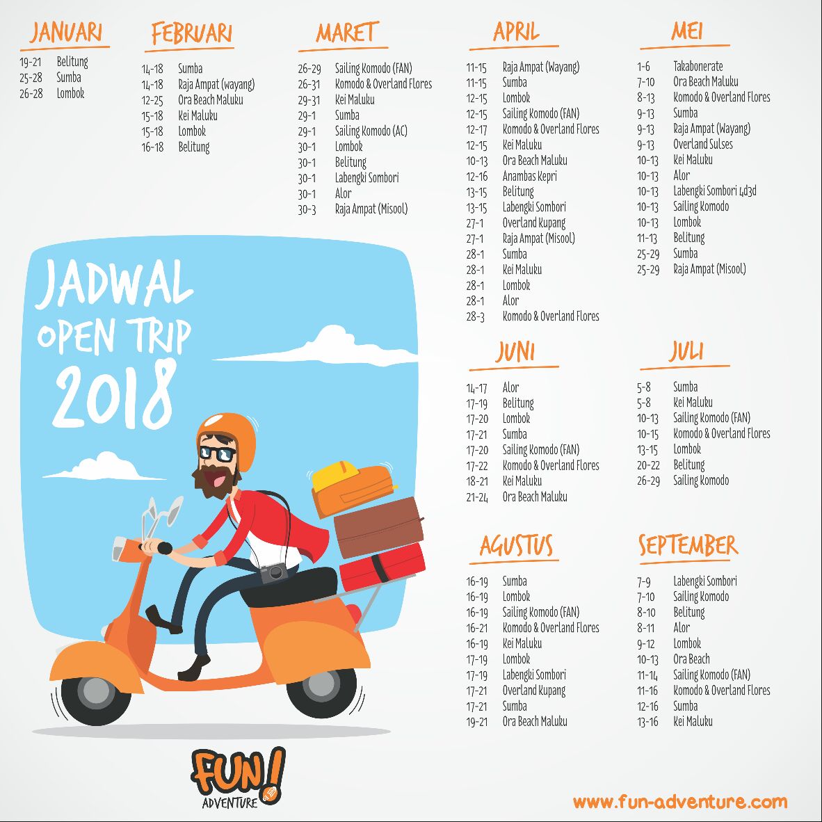 Jadwal Open Trip 2018. Dari Sumatera sampai Flores, Sumba, Maluku, dan Papua.

Udah siap gendong ransel bareng Fun Adventure?