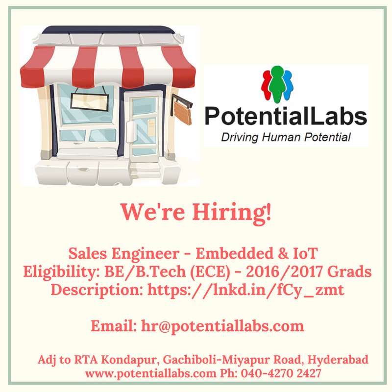 PotentialLabs's tweet photo. We're #Hiring #Sales #Engineer for #Embedded &amp; #IoT, #Hyderabad location. Please apply here: https://t.co/8dkaBCbcSW or share. Thanks. https://t.co/N5mgSUOIDf