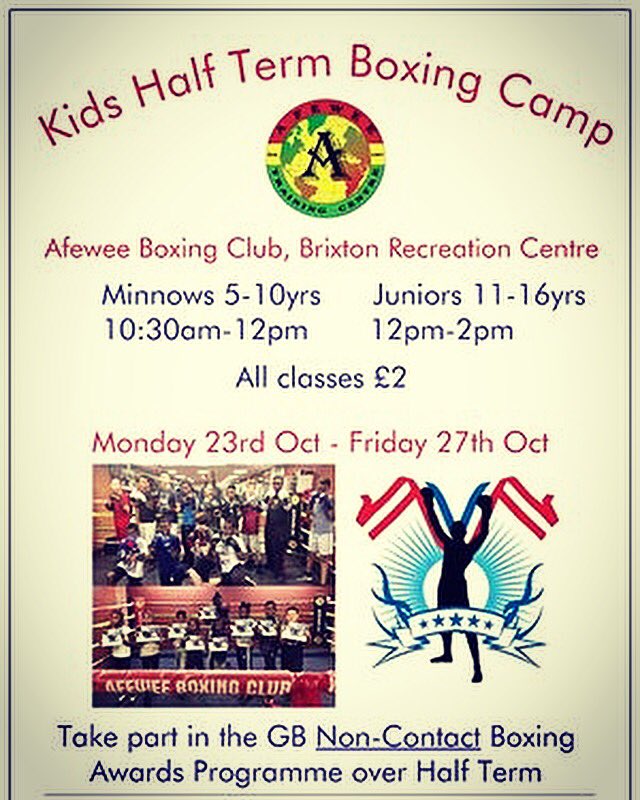 AfeweeBrixton's tweet photo. Our 'Kids Half Term Boxing Camp' starts 1 week from today ππ₯ #Afewee #Boxing #Brixton #HalfTerm #Kidsboxing #BoxingForKids #boxingawards https://t.co/y7o1sqGlBV