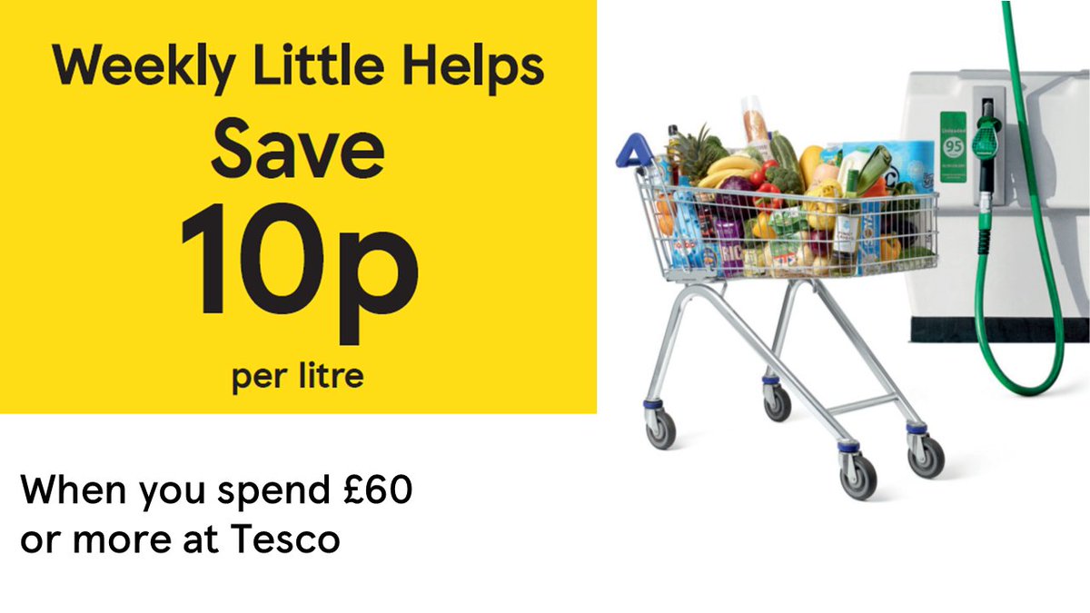 Our new fuel promotion: 
10p off per litre of fuel when you spend £60 or more on Tesco groceries. Ts&amp;Cs apply tescoplc.com/news/news-rele…