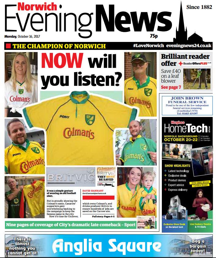 EveningNews's tweet photo. Morning! Here's what's going on in #EN24 today, including the latest on our #SaveColmans campaign and #NCFC news. https://t.co/d7uyBkbBhm