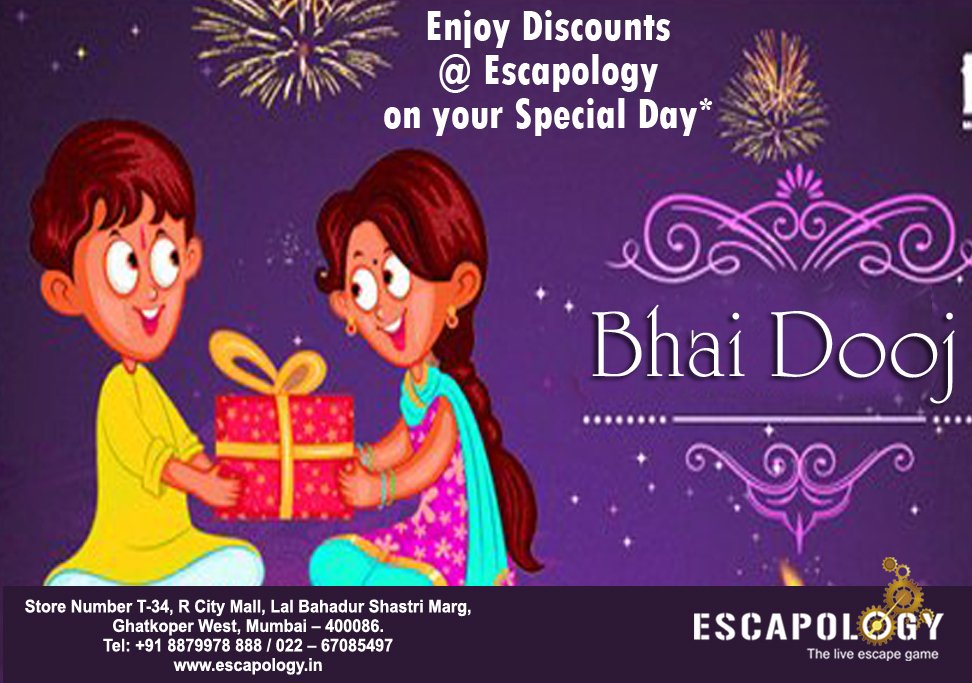 EscapologyInd's tweet photo. #happybhaidooj #specialoffer #welcometoescapology #siblings #happydiwali #discountforsiblings #enjoyyourday #specialday #fun #rcitymall https://t.co/eCA5PB7d87