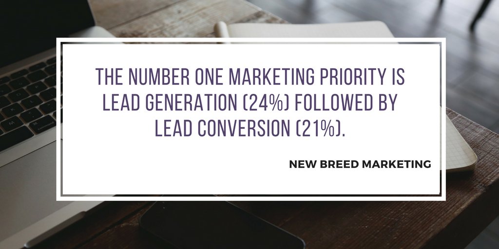 FirstLevelAI's tweet image. The number one #marketing priority is #lead #generation (24%) followed by# lead conversion (21%). via @NewBreedMktg 
buff.ly/2ygkqOs