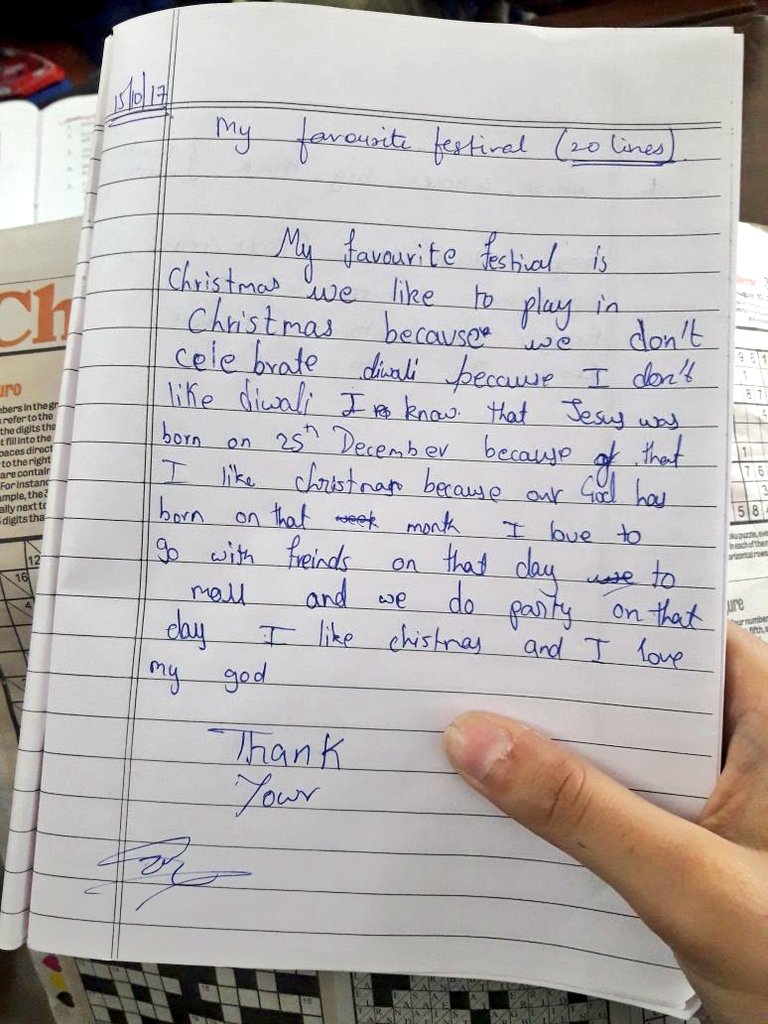 amitsurg's tweet photo. Hindu Student of Don Bosco school being taught to write how much he loves Christmas and hates Diwali. This, happening in Mumbai. https://t.co/juOAjSTVCm