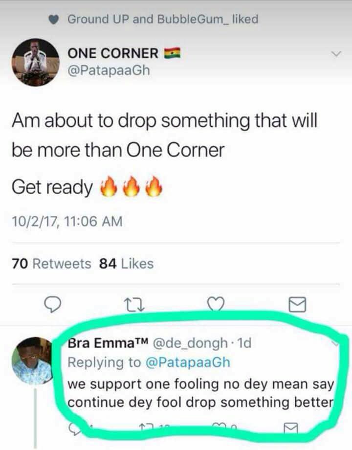 GistCable's tweet photo. #TrendinginGH 😂😂
@De_dongh why? you dey disturb our man @PatapaaGh ? https://t.co/VGfY8pvN6k