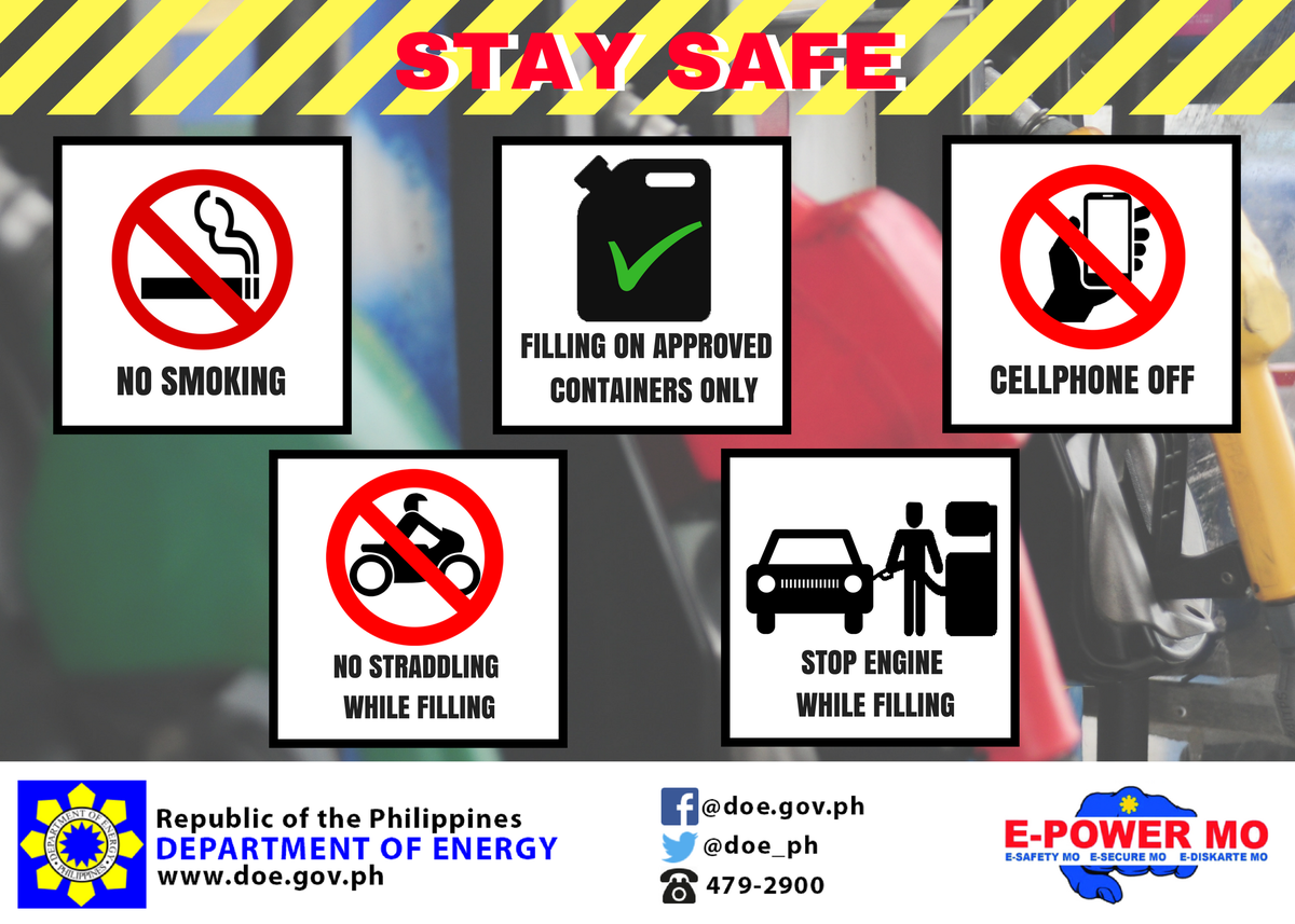 DOEgovph's tweet photo. DOE PROHIBITS the ff: acts within gas stations' vicinity:
1) Smoking
2) Running engine while filling
3) Using of cellular phones
4) Straddling while filling
5) Inappropriate containers
FULL STORY: https://t.co/APrAdzMyGB
@PIADesk
#EPowerMo
#ESafetyMo
#ESecureMo
#EDiskarteMo https://t.co/P5UTvDtzaN