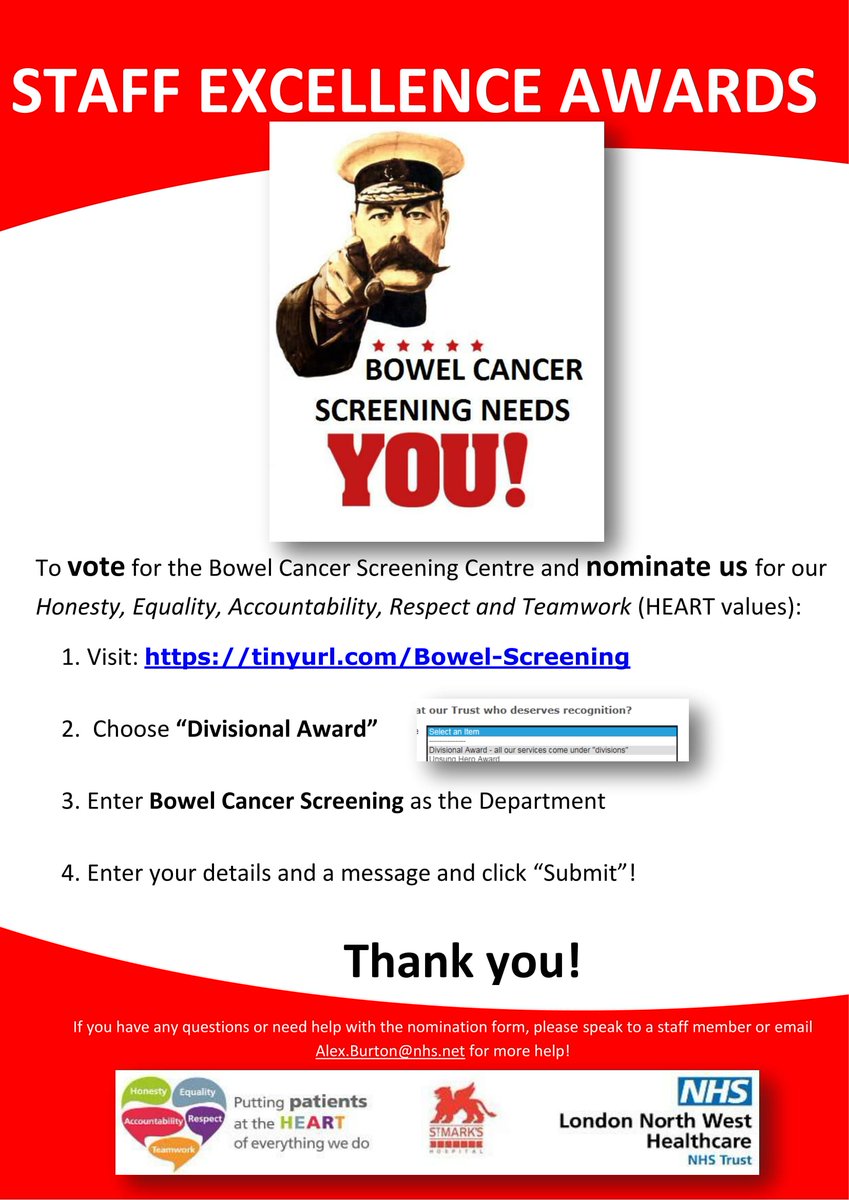 Time for the @LNWH_NHS #Staffexcellence awards #SEA2018 - we need your VOTES to help #Bowelcancerscreening win. Nominations now open!