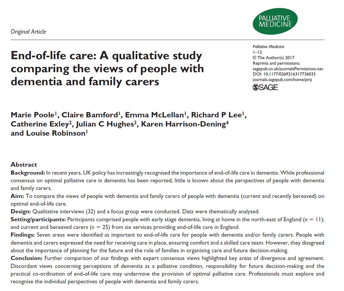Discordant views from people with #dementia and family care givers on #palliativecare: journals.sagepub.com/doi/full/10.11… #hpm